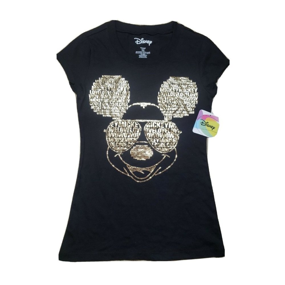 Disney Jerry Leigh "Love Mickey Mouse" T Shirt Juniors 3/5 Girls Teen Gold Black